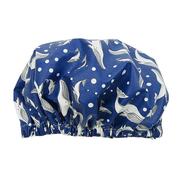navy-whale-shower-cap-woo dark blue shower cap whales laminated cotton