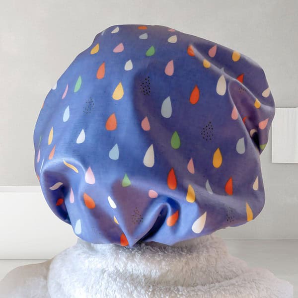 raindrops shower cap rainbow colours on purple Shower Cap Rainbow Raindrops