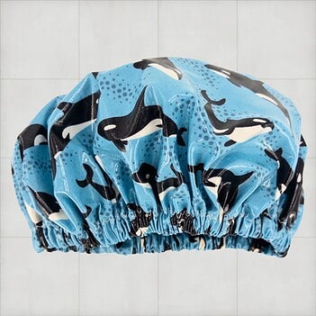 orcas-childrens-shower-cap-blue-laminatedcotton Kids shower cap whales orcas