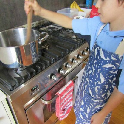 boy wearing blue apron with whales while cooking