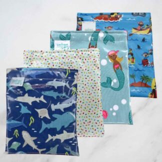 reusable snack bags in sharks, sprinkles, mermaids and pirates prints