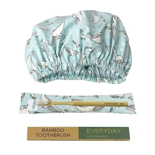 aqua-whales-bathroom-set-woo blue whales shower cap gift set