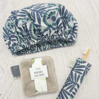 pamper gift set blue flowers organic laminated cotton.