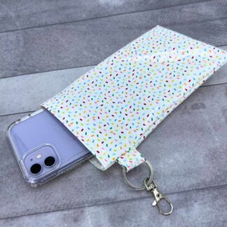 phone pouch with phone inside sprinkles laminated cotton
