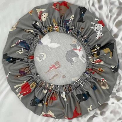 dogs shower cap grey laminated cotton waterproof upside down