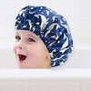 whales shower cap on child Children's shower cap blue whales