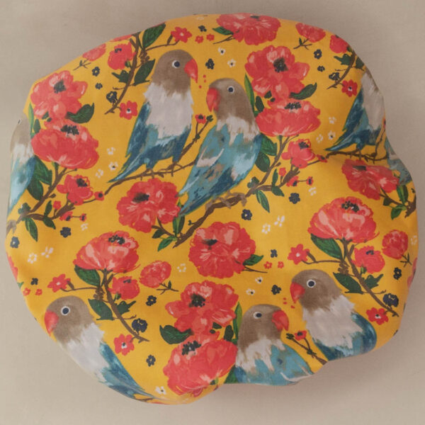 bird laminated cotton shower cap on bathroom background organic cotton handmade shower cap birds