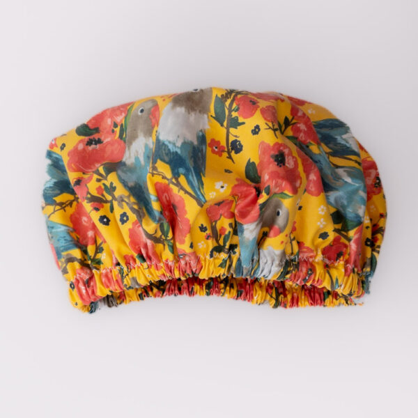 bird shower cap laminated cotton front view shower cap handmade birds laminated organic cotton australia