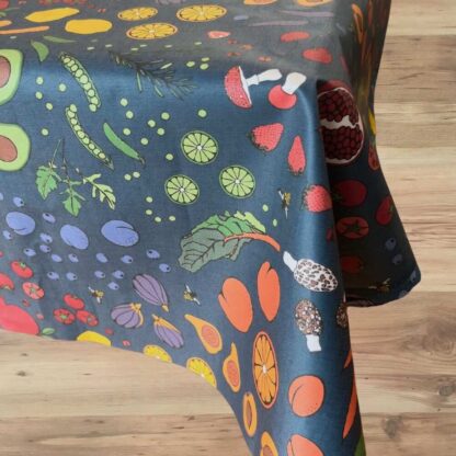 waterproof tablecloth blue fruit and vegetable print laminated cotton