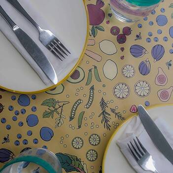 lemon farmers market on tablecloth with cutlery Waterproof Round Tablecloth Small