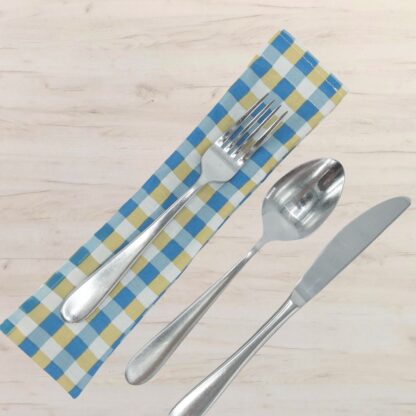 blue plaid French coated cotton cutlery bag with fork and spoon