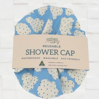 clouds sky blue spotty shower cap organic cotton