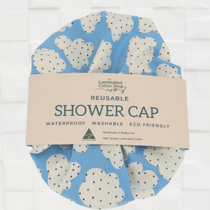 clouds sky blue spotty shower cap organic cotton
