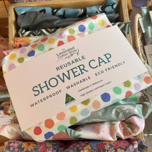 confetti-showercap-laminatedcotton-retail-display-australia Shower Cap Confetti Polka Dots