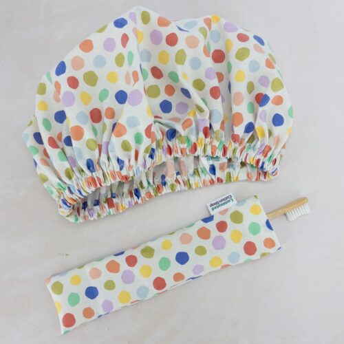confetti-showercap-laminatedcotton-toothbrush-keeper-set Shower Cap Confetti Polka Dots